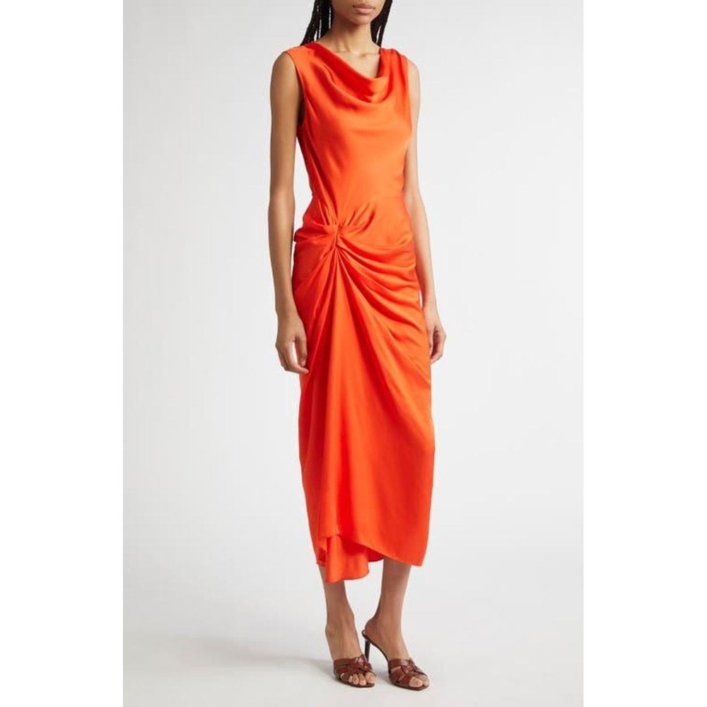 ALC Delfine Orange Silk Blend Cowl Neck Knotted Draped Midi Dress NEW